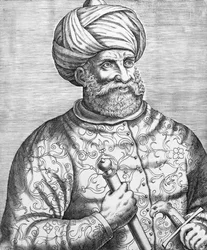 Barbarossa, illustration från Andre Thevets "Des vrais pourtaits et vies des hommes illustres", 1584